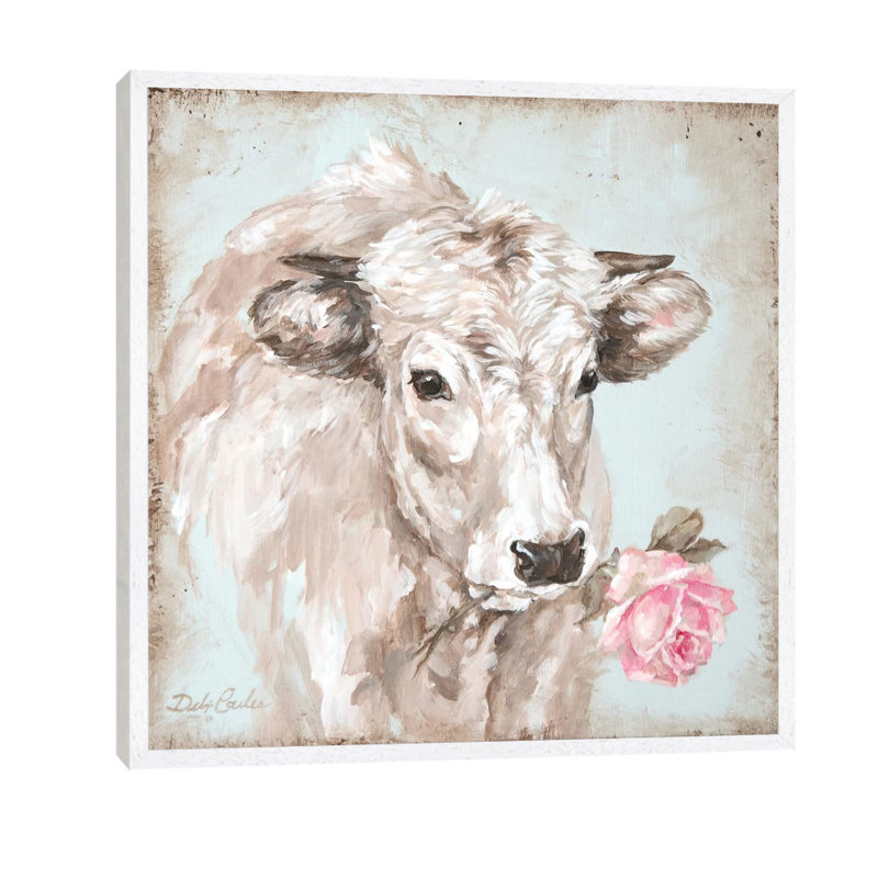 Cow With Rose II by Debi Coules - Floater Frame Painting on Canvas, 45.72 cm H x 45.72 cm W, White