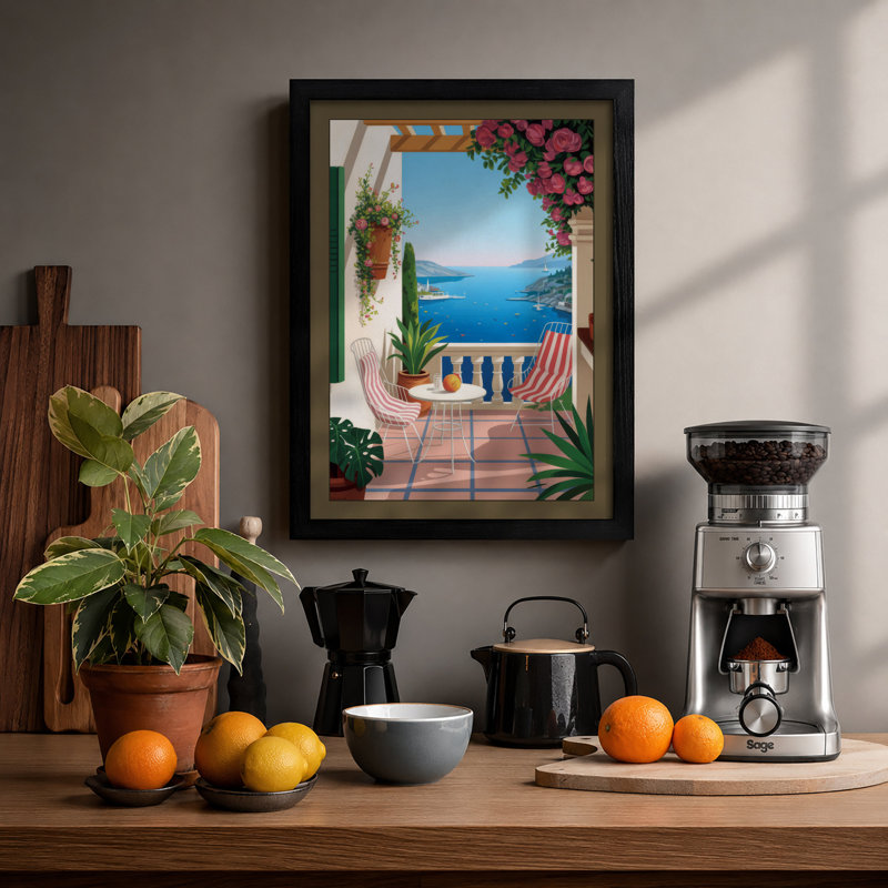 Mediterranean Terrace Coastal - Print, A1 - 84.1 x 59.4 cm, Black
