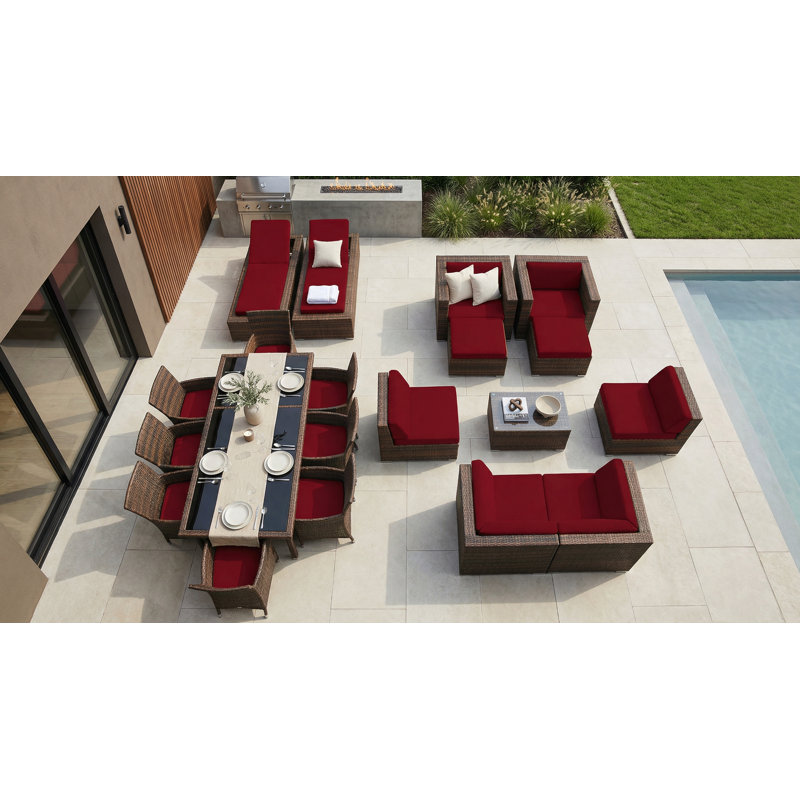Ensemble de conversation en osier Pavior, Mélange de bruns, Toile Sunbrella® rouge Jockey