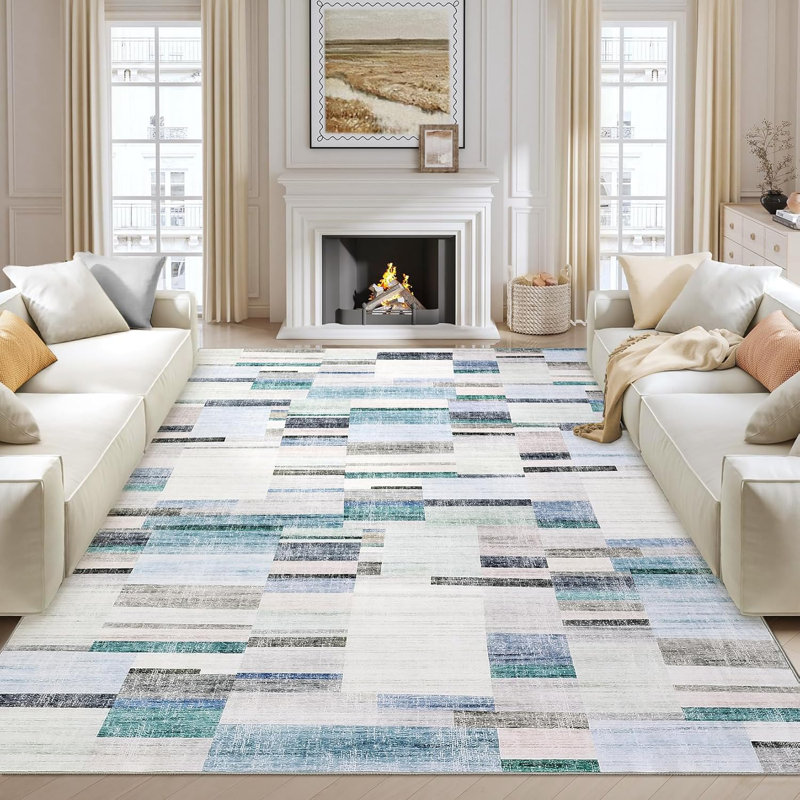 Washable Geometric Patchwork Rug, Non-Slip, Low Pile, Modern Farmhouse Carpet for Bedroom or Dining Room, Red