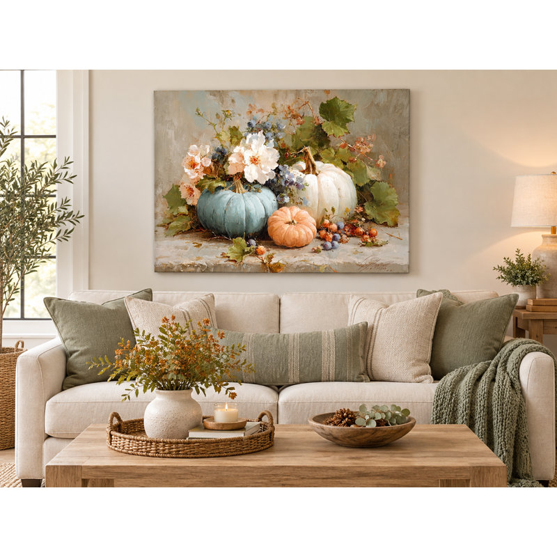 Automne citrouilles et fleurs sur toile tendue, H 30 po x l 40 po