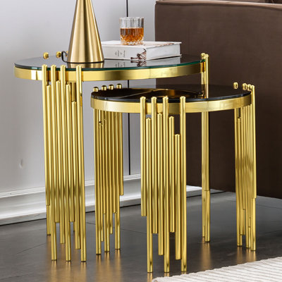 White Glass Nesting End Tables With Mirrored Silver Metal Legs
