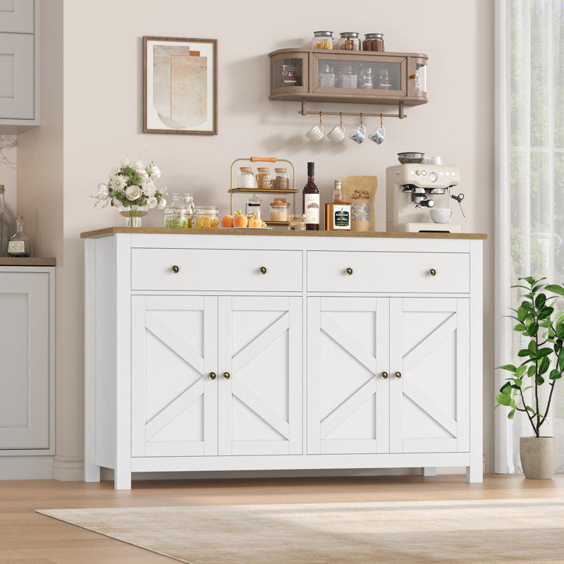 Buffet moderne 55,1 po Zosia, armoires de rangement crédence, tablettes réglables, Blanc / brun