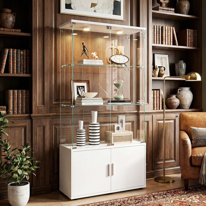 3-Tier Double Door Glass Display Cabinet with Bottom Storage Cupboard & LED Puck Lights,  Tall Curio Cabinet, Black / White