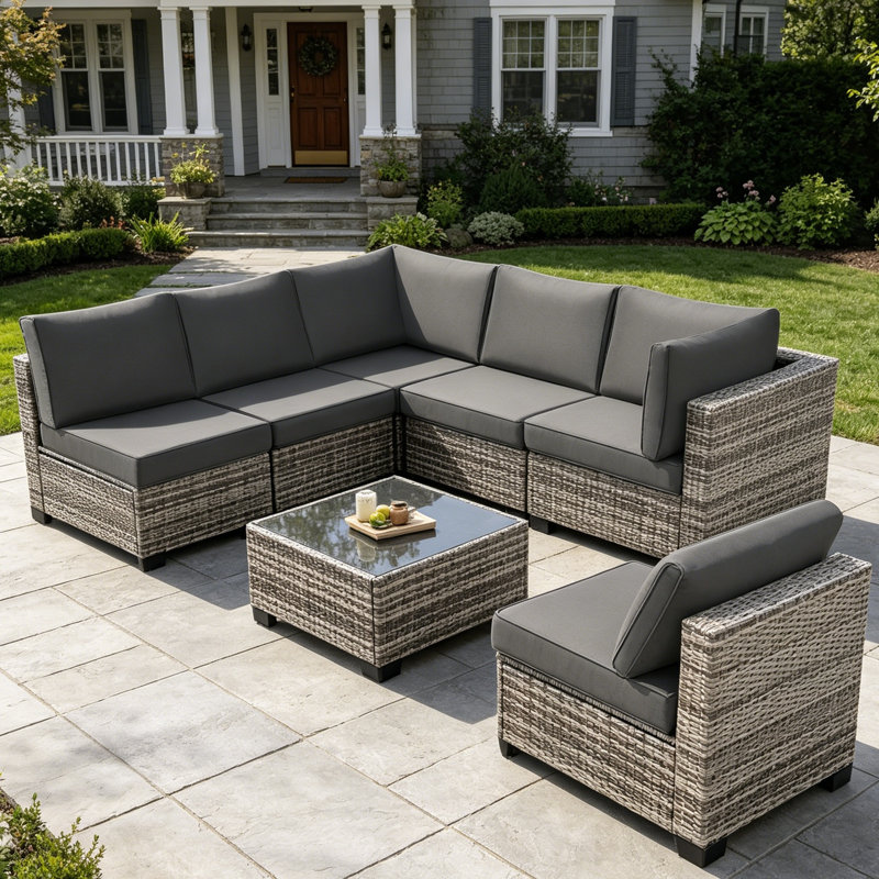 Ensemble de conversation modulaire en rotin 7 pièces avec coussins 7 pièces, Gris foncé, Gris