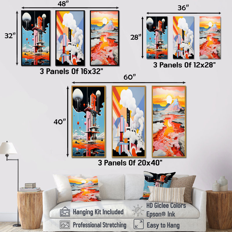 De Stijl Geyser Horizon - ensemble de 4 impressions sur toile de paysages abstraits, Cadre flottant noir, H 28 po x l 36 po