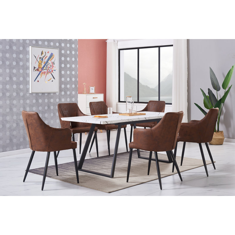 Eatonton 6 Person Dining set - a Rectangular Extendable Dining Table with Metal Legs and a Set of 6 Faux Leather Dining Chairs for Dining Room - Modern Dining Table Set