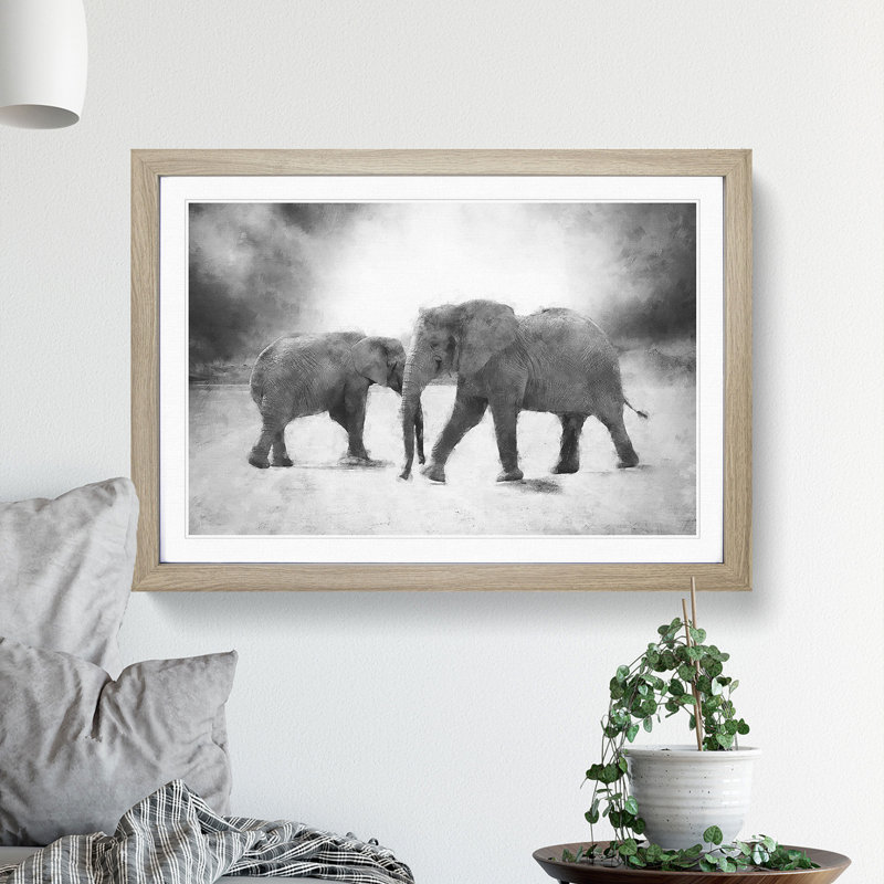 Elephants Crossing Paths - Picture Frame Graphic Art Print, 45cm H x 63cm W x 2cm D, Oak Framed