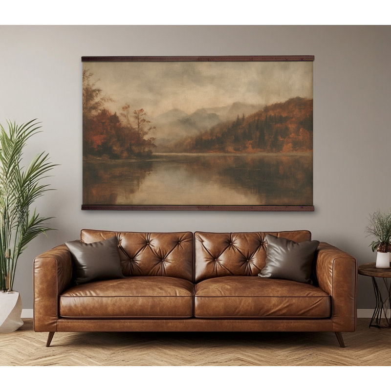 Extra Large Vintage Landscape Tapestry Wall Hanging – Misty Mountain Lake Scene with Wooden Hanger, 32" H x 48" W