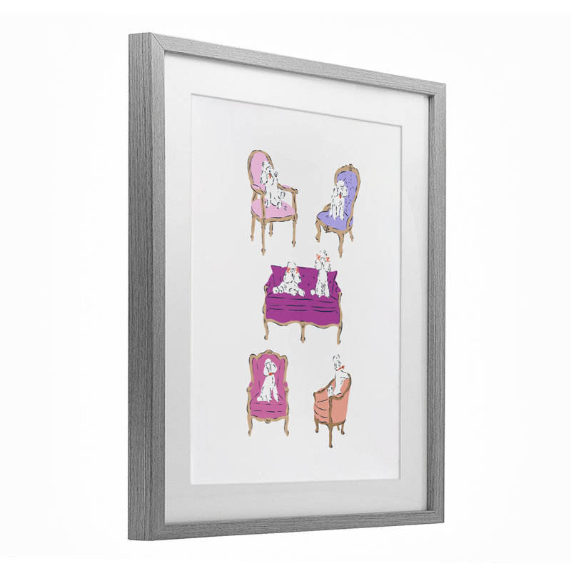 «French Chairs and Poodles», reproduction sous verre encadrée, design par Krissy Mast, Cadre de ferme gris, H 16 po x l 13 po