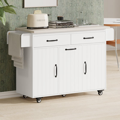 Îlot de cuisine avec tablettes réglables, poubelle inclinable, abattant, tiroirs, armoires, rangement mobile de style blanc, espace pour 9 canettes, conception amovible,