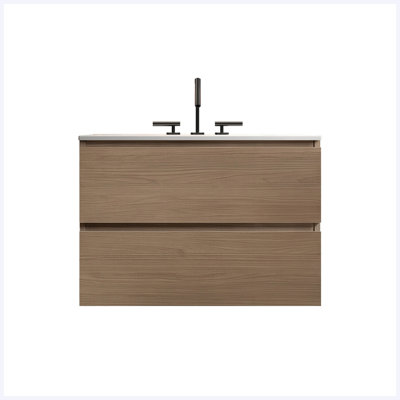 Meuble-lavabo flottant mural en noyer de 30 po avec lavabo en céramique (3 trous de robinet), grand rangement, une pièce, pré-assemblé