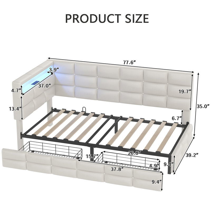 Upholstered Sofa Bed With 2 Storage Drawers, Charging Station And LED Lights, 
