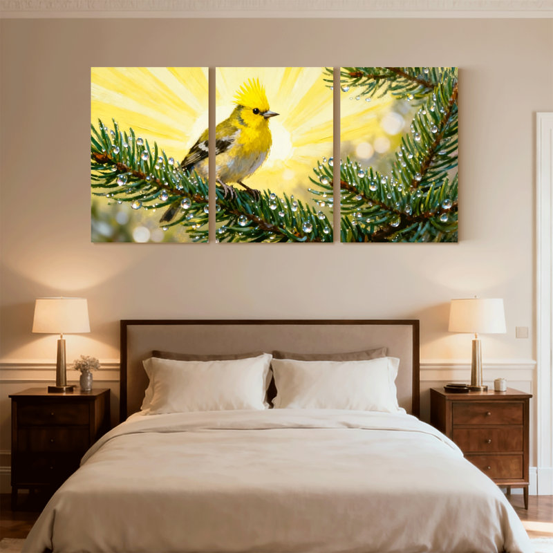 Oiseaux oiseaux jaunes sur une branche de pin avec des gouttes de rosée, ensemble de 3 impressions sur toile