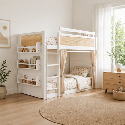 Twin Wood Bunk Bed Frame with Storage Curtains, White