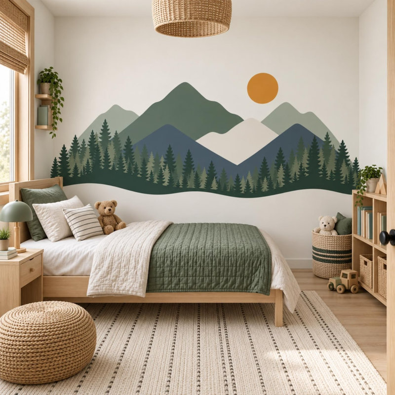 Autocollant mural repositionnable Forêt de montagne pour chambre d'enfant et crèche, L 100 po x H 50 po
