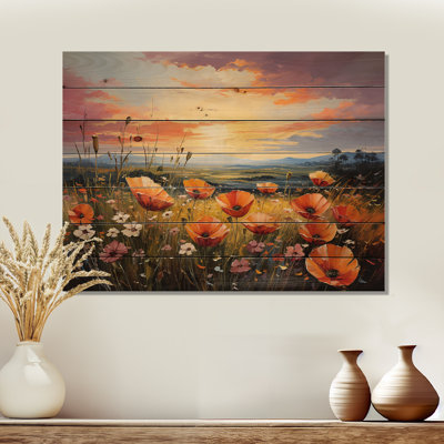 Tangerine Tango Field Of Blooms Flowers I - Flower Wood Wall Art On Natural Pine Wood