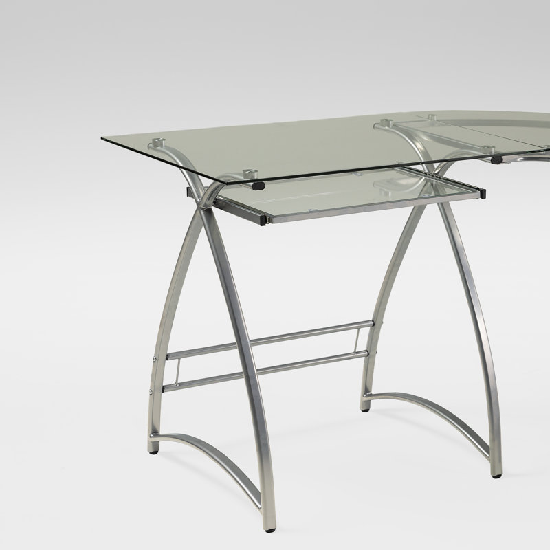 L-Shaped Glass Top Metal Base Computer Desk, Silver / Clear Glass