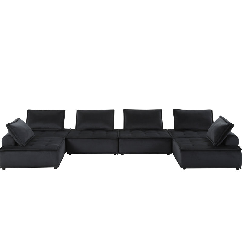 Canapé modulaire en velours noir de 160 po pour 6 personnes avec 6 sièges de 14,5 po de hauteur et rembourrage