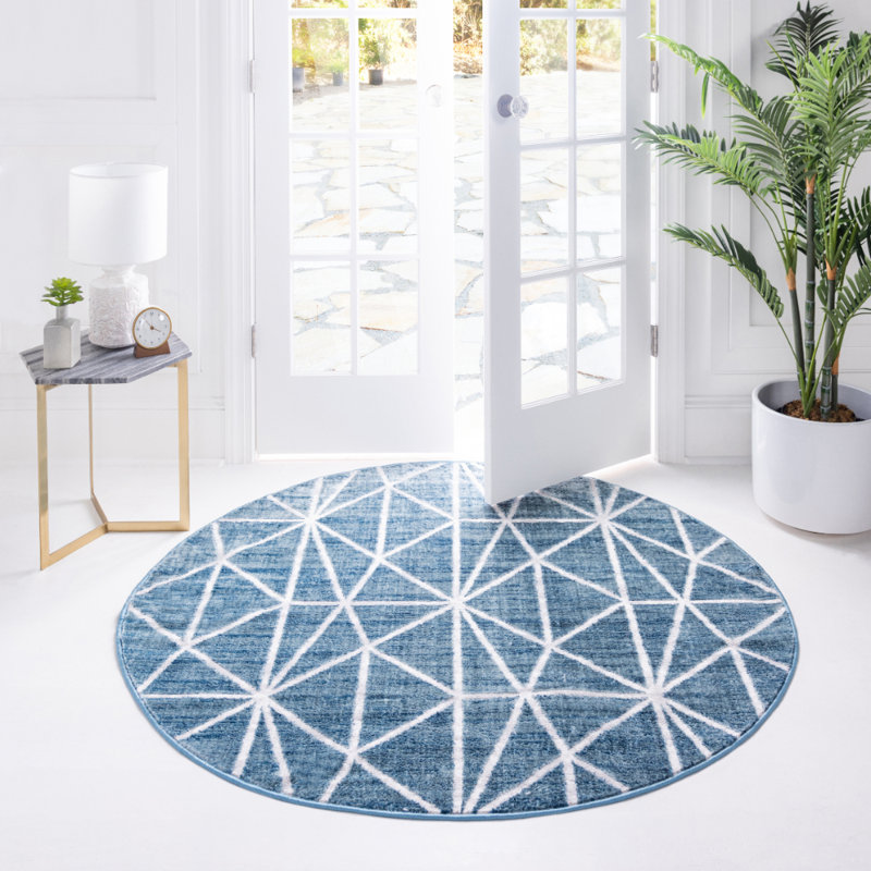 Tapis géométrique bleu / gris Jantsen, Rond 5 pi 1 po