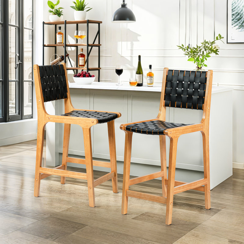 Set of 2 24" Seat Height Woven Faux Leather Bar Stools, Mid-Century Modern Counter Stools with Solid Wood Frame & Footrest, Waterproof for Kitchen Island, Living Room & Pub, Teak + Black