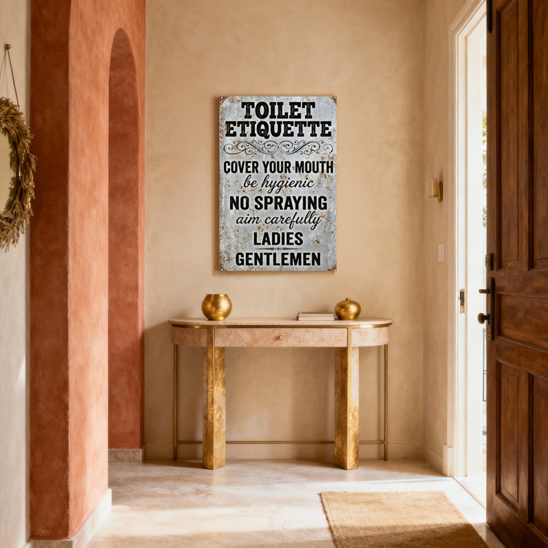 Ensemble de 1 panneau mural vintage en métal sur toile, étiqueté aux toilettes, H 36 po x l 24 po