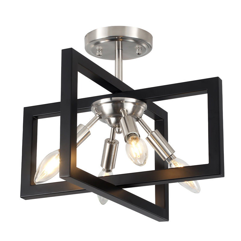 Plafonnier semi-encastré carré moderne noir / nickel à 4 lumières de 14,6 po Andranae pour cuisine, Noir / nickel