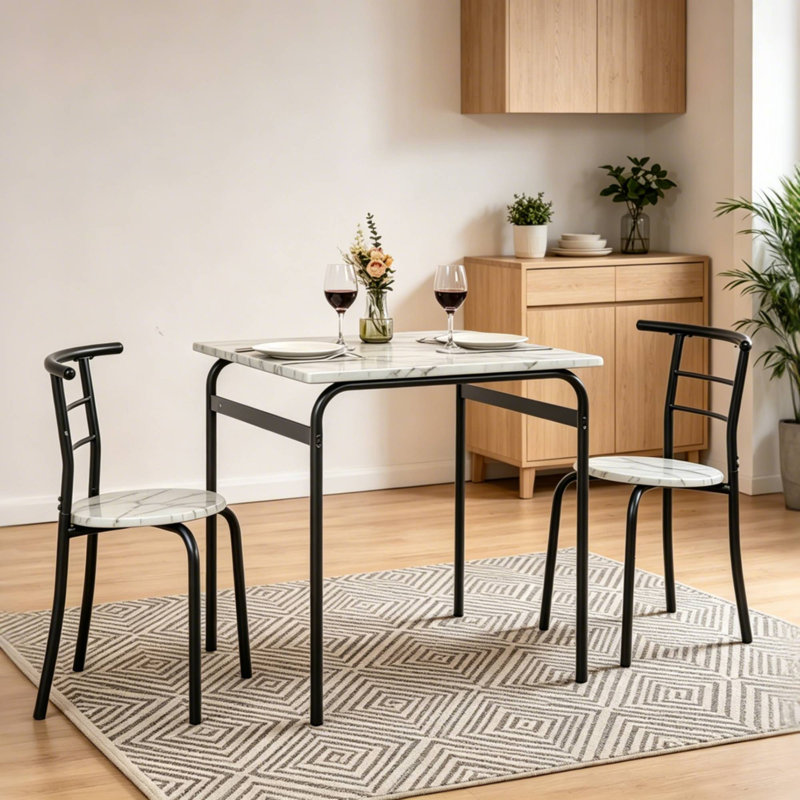 Ensemble de table et chaises pour 2 personnes, Marbre blanc / noir