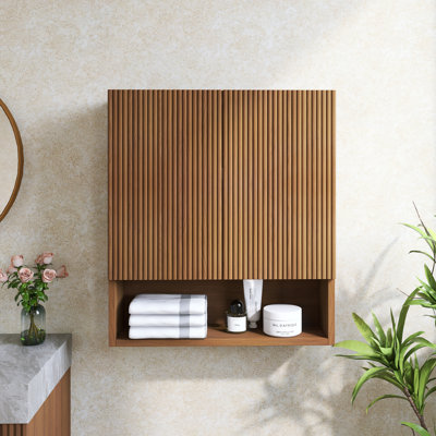 Wall-Mounted Striped Bathroom Cabinet, With Doors, Shelf And Open Storage Compartment, Brown Oak Woodgrain Color