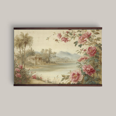 Vintage Floral Landscape Wall Art Canvas Tapestry, Ready to Hang with Wooden Hanger, Large Horizontal Wall Art