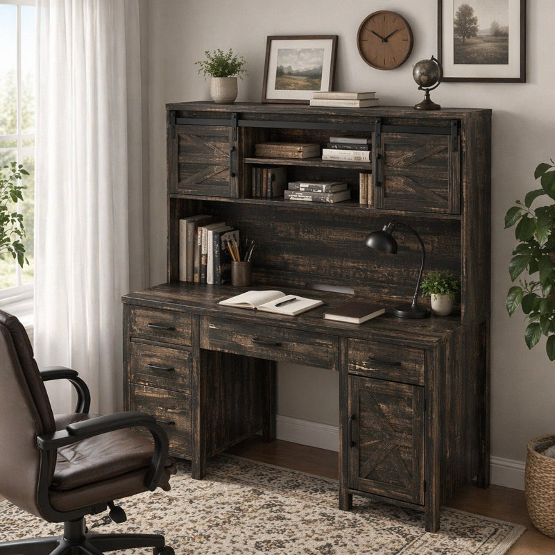 Bureau de direction avec huche et station de charge, bureau d'ordinateur avec 2 portes de grange coulissantes, 5 tiroirs et armoire de rangement avec tablette réglable à 3 positions