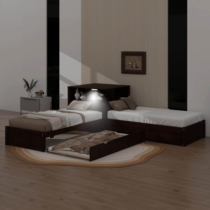 Lit plateforme simple en L avec armoires de rangement, bureau, lit gigogne et lumière DEL, Espresso