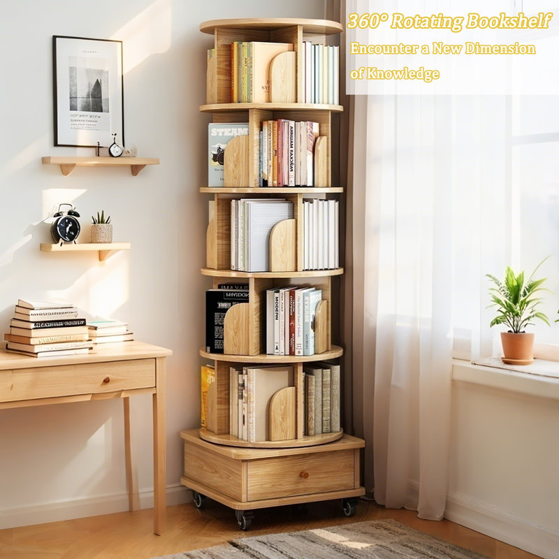 6 Tier Rotating Bookshelf, 360° Display Round Spinning Bookshelf With Wheels, Brown