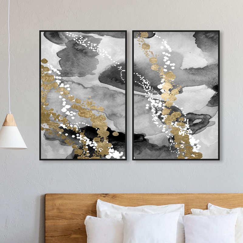 Oliver Gal Even More Love Diptych Abstract - Hand-Applied Leaf Framed Canvas Art, Black, 37" H x 25" W