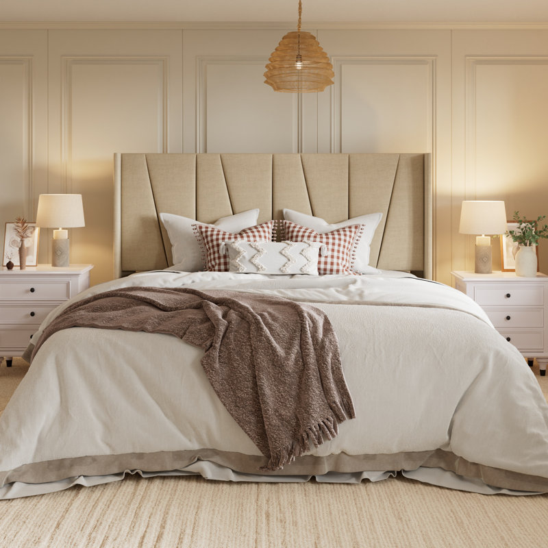 Canuto Upholstered Platform Bed with Wingback Headboard, King, Light Beige