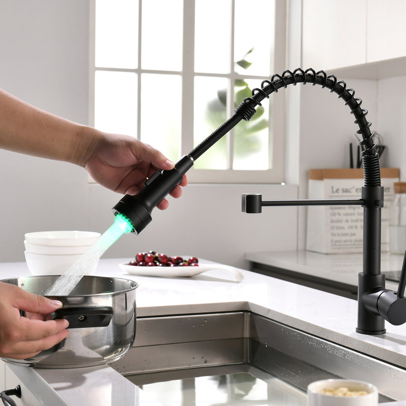 Robinet de cuisine rétractable à DEL, noir, levier simple, bec arqué haut pour le confort, robinet noir contemporain avec levier