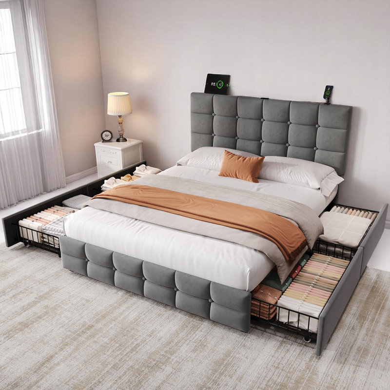 4Ft6 Double Upholstered Bed With 4 Storage Drawers, Velvet Bed Frame With Charging Station, Adjustable Button Tufted Headboard With USB And Type - C Ports, No Box Spring Needed