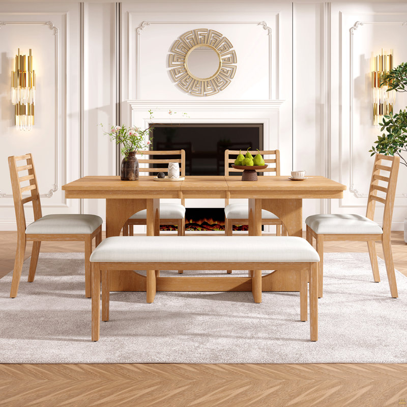 Ensemble de salle à manger extensible en bois pour table rectangulaire de 6,60 à 72 pouces avec rallonge amovible, 4 chaises à dossier échelle et banc rembourré de 48 pouces, mobilier complet pour cuisine et salle à manger (bois naturel délavé + beige)
