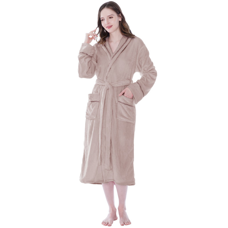 Peignoir mi-mollet en molleton avec poches, TG, Taupe
