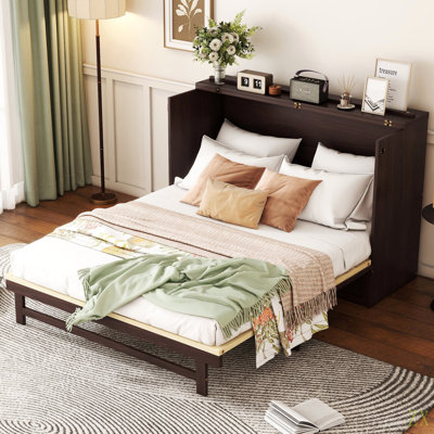 Queen Size Murphy Bed, Pine Wood Cabinet Bed With Rattan Decoration And Storage Drawer