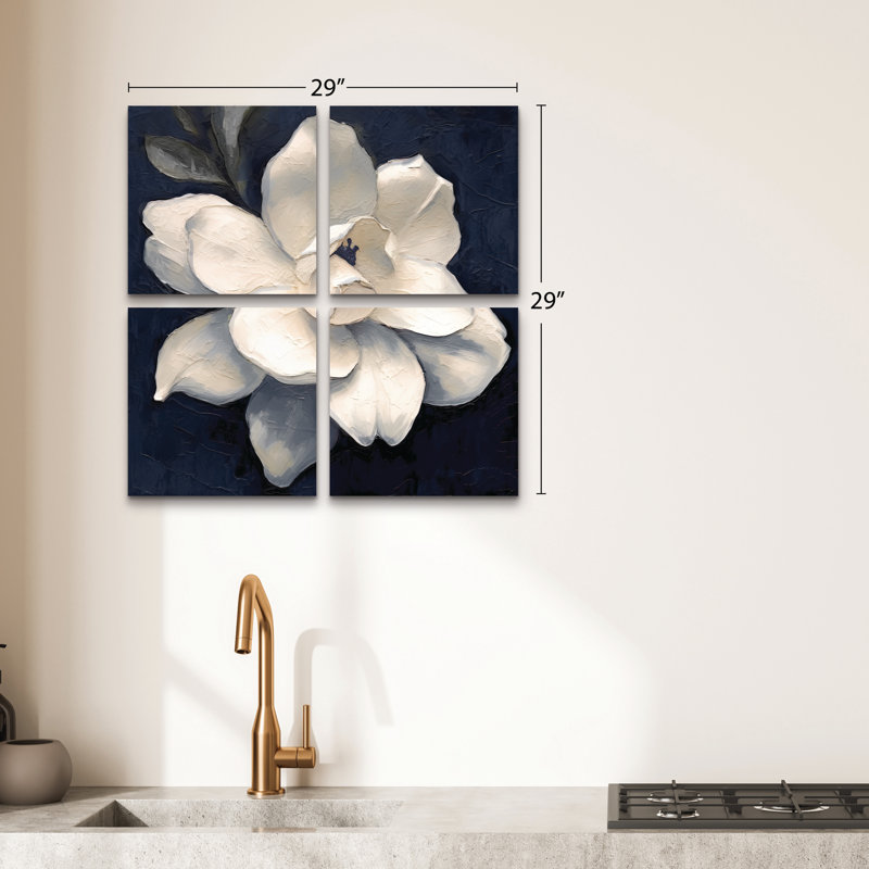 Ensemble de 4 panneaux muraux - Sasha «Night Magnolia», art mural sur toile pour le salon, la chambre à coucher ou le bureau 