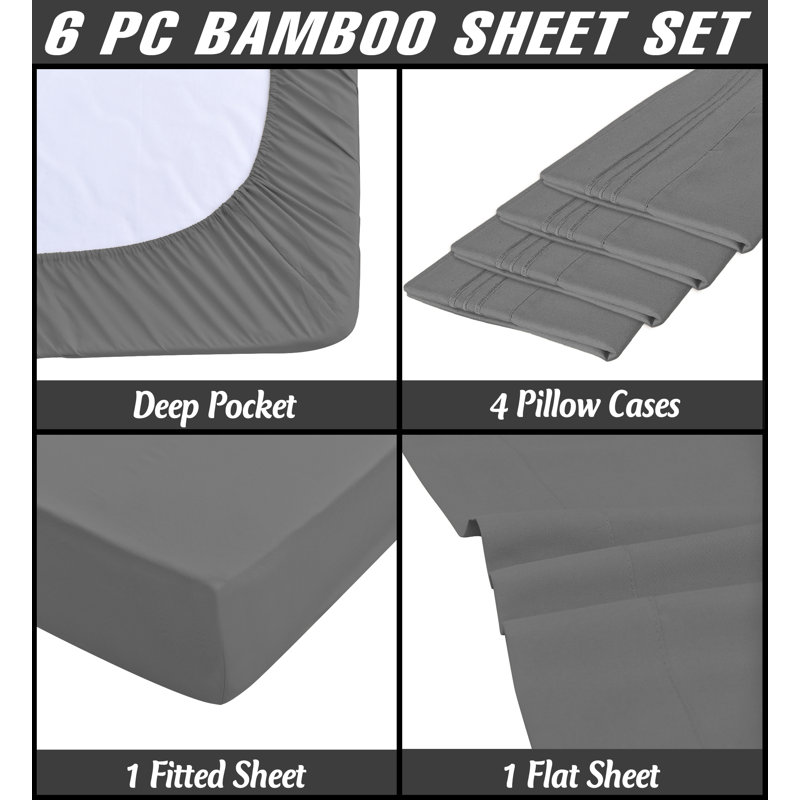 Premium Rayon From Bamboo 6 Pc Sheet Set With Deep Pockets, Cooling, Queen Sheet Set, Gray