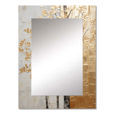 Minimalism Golden Trees Harmony II - Trees Unique Wall Mirror Decor, Traditional Large Mirror, Printed Metal Art