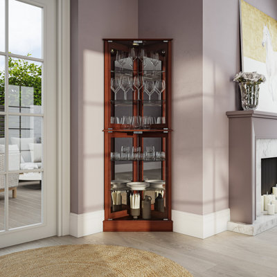 Curio Wood/Glass Lighted Corner Cabinet 72" H Accent China Cabinet