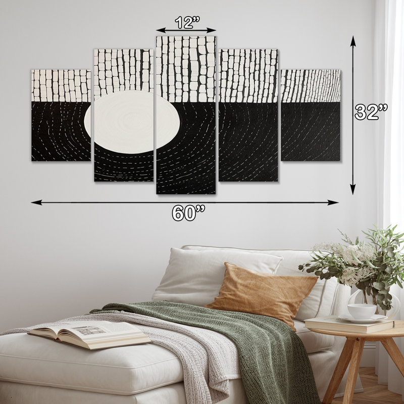 «Balance Black White Minimal White Circle - Minimalisme paysage, art mural pour le salon», 5 pièces, H 32 po x l 60 po