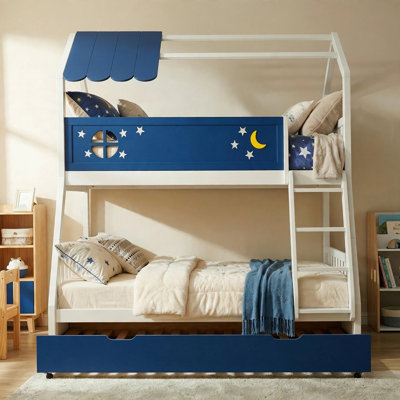 Lit superposé simple au-dessus de double Arozu, lit pour enfants en bois avec ciel de nuit en forme de garde-corps et échelle, 2 tiroirs de rangement en bois de pin, autocollants supplémentaires offerts, sécurité, non toxique, bleu marine et blanc.