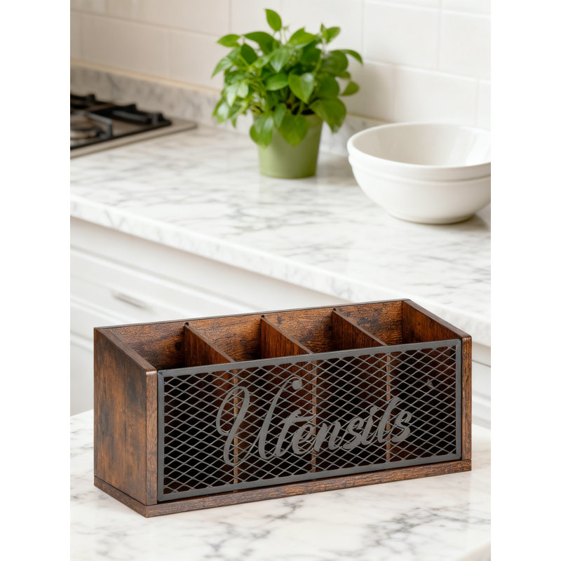 Grand organisateur d'ustensiles de cuisine avec 4 compartiments, porte-spatule de comptoir rustique, rangement en bois massif et en métal pour les ustensiles de cuisine