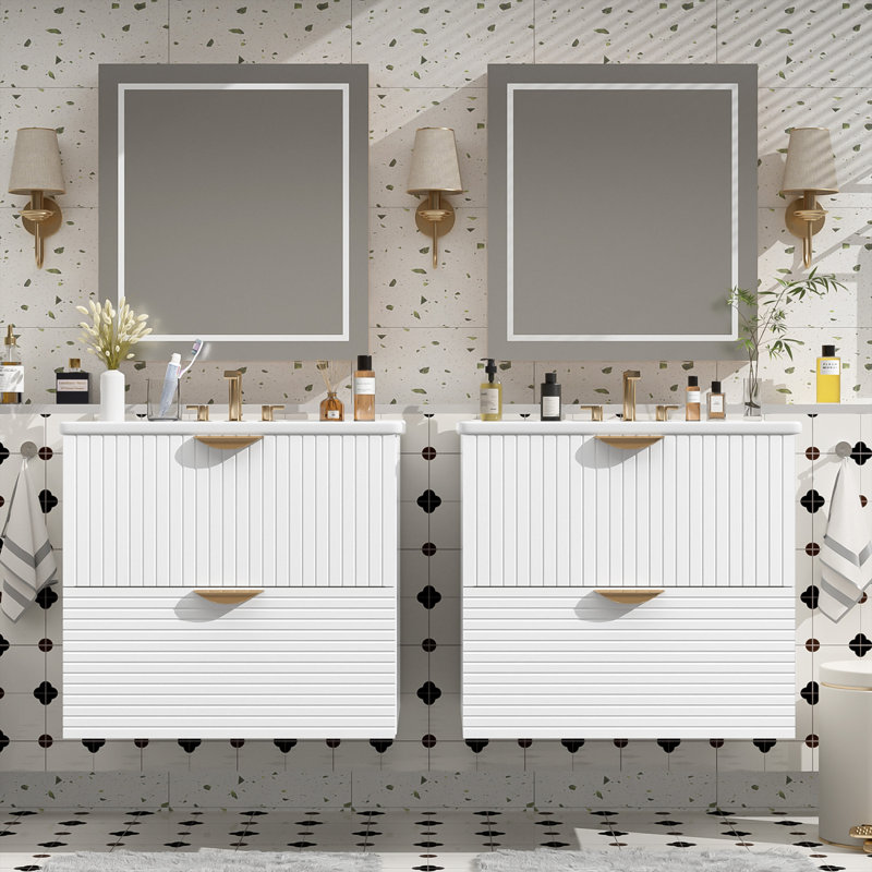 Ensemble de meuble-lavabo mural 48 po avec deux lavabos et tiroirs en céramique, Blanc