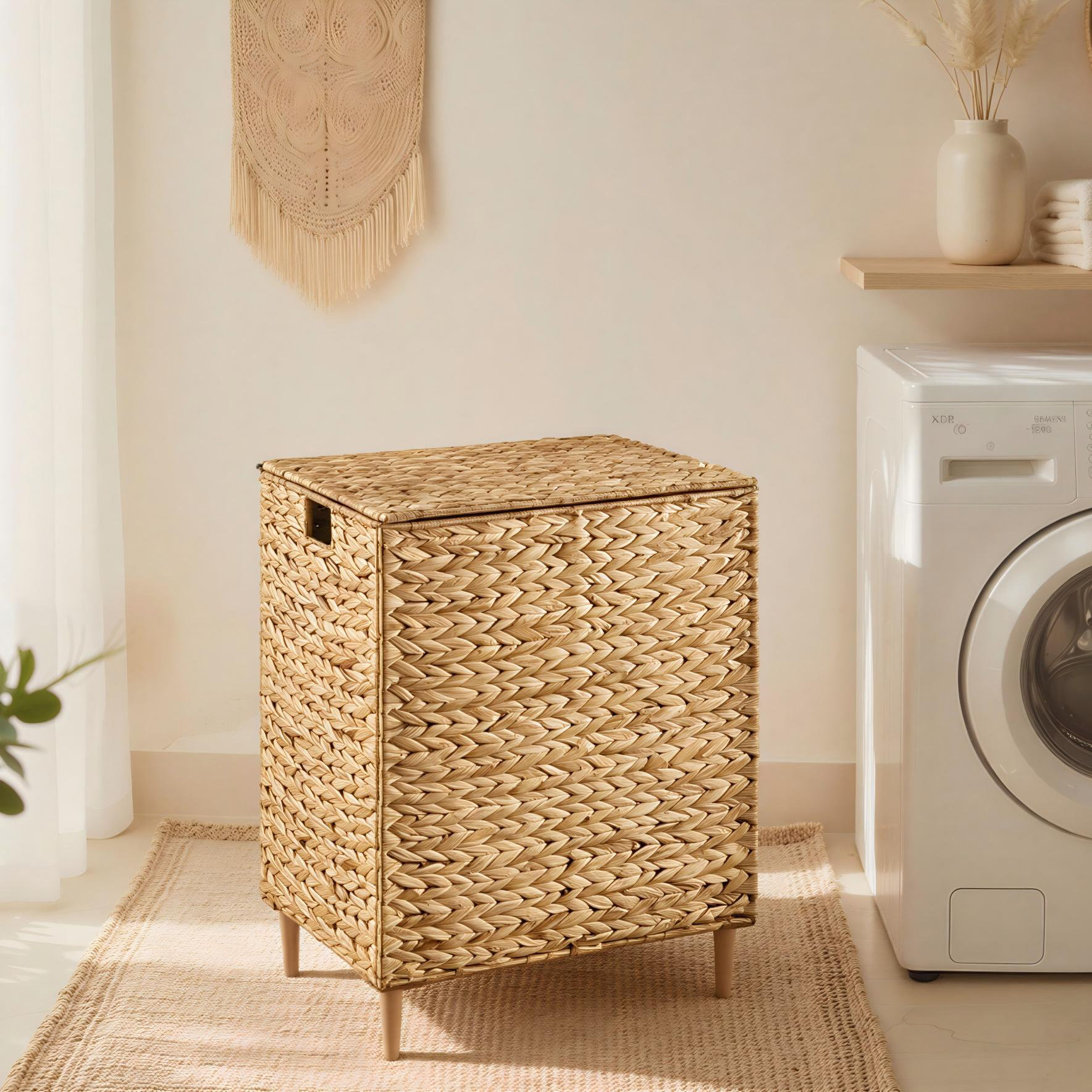 34.3 Gal. Laundry Hamper, 2-Section Handwoven Water Hyacinth Wicker Laundry Basket With Lid, Removable Liners - Natural