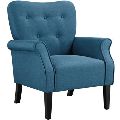 Button-Tufted Accent Chair - Solid Wood Legs with Rolled Arm
